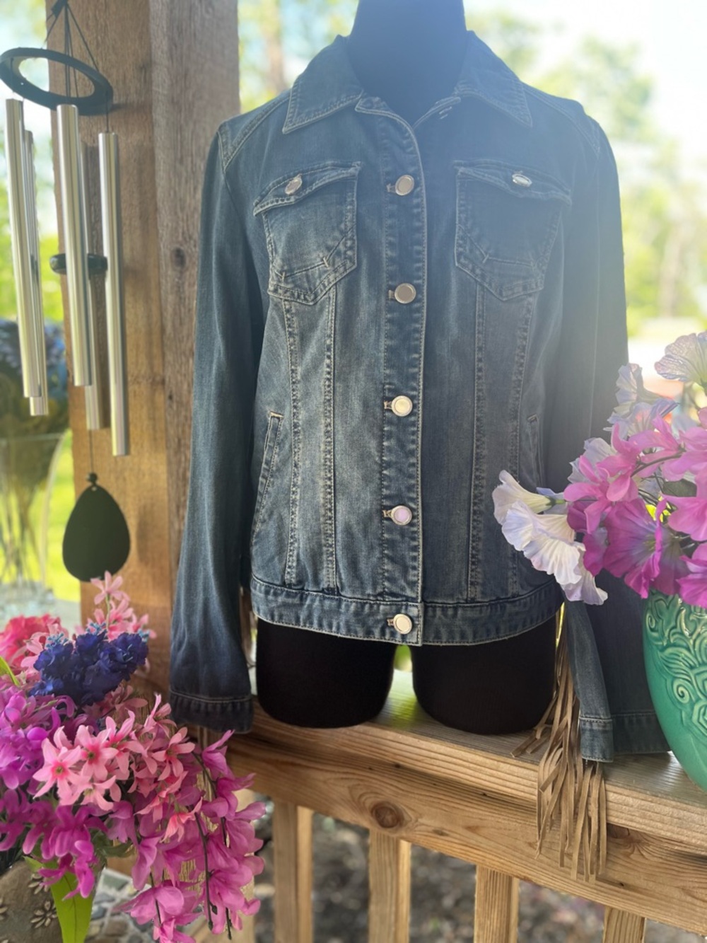 Chico’s Denim Blue Jean Western/Festival Faux Suede Long Fringed Jacket NWT S - Picture 3 of 12